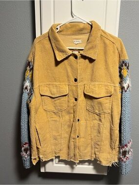 POL Mustard Corduroy Jacket with Light Blue Knit Sleeves